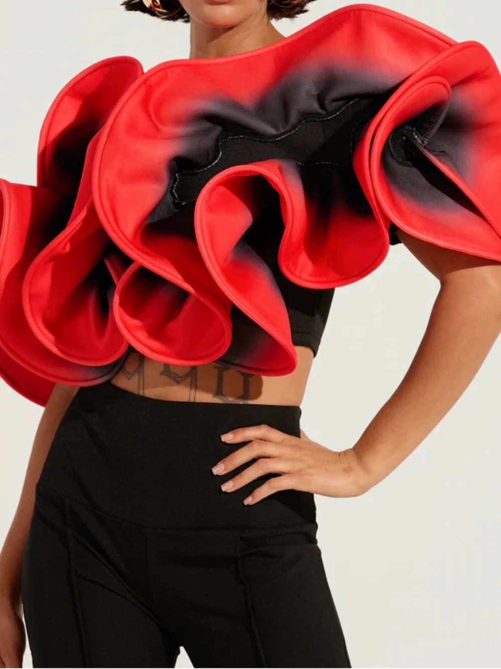 Statement Red Ruffle One-Shoulder Crop Top - Picture 4 of 8